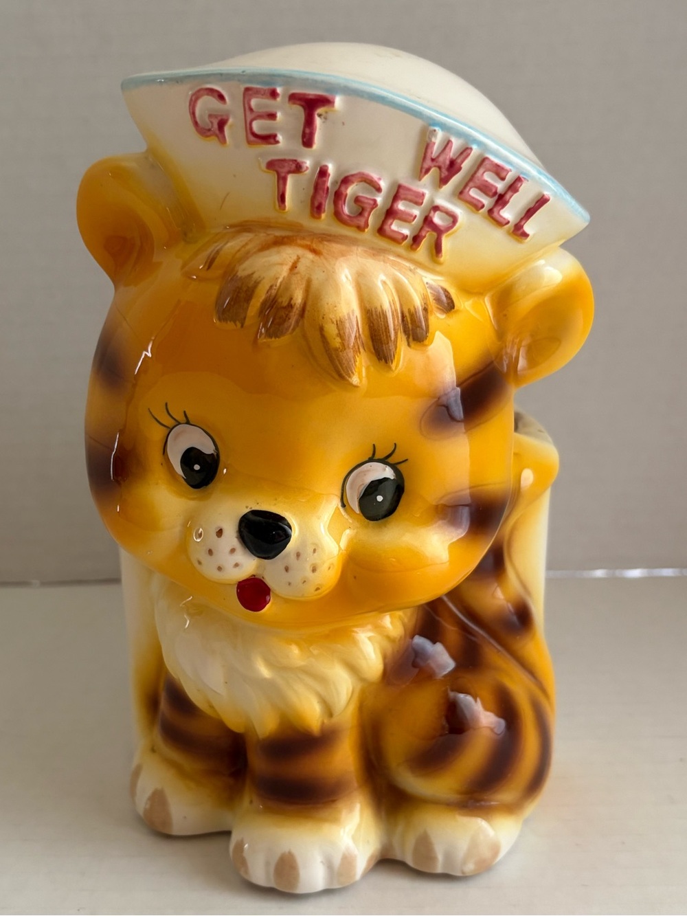 Vintage Ceramic 'Get Well Tiger' Planter- Yellow & Brown